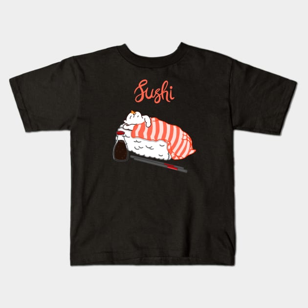 Cat Sleeping on Sushi Kids T-Shirt by Kimprut